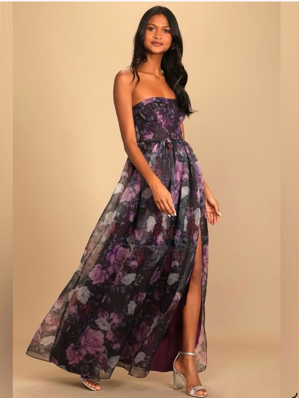 Lulus Size XS Bustier Strapless Maxi Dress Corset Purple Floral Prom Formal